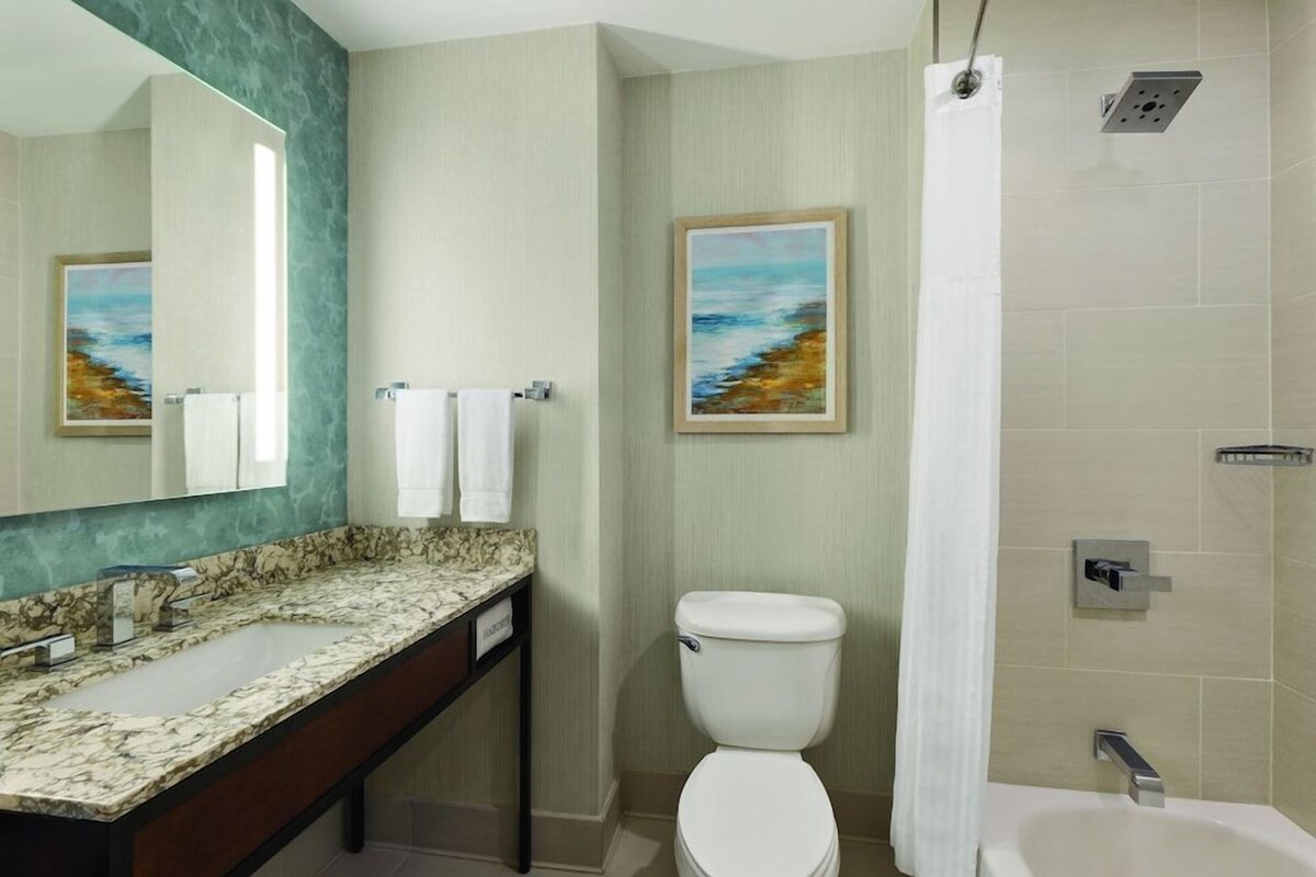 A bathroom with a marble sink, a toilet, a shower, and two framed paintings on the walls.