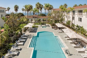 Outdoor pool, pool umbrellas, pool loungers