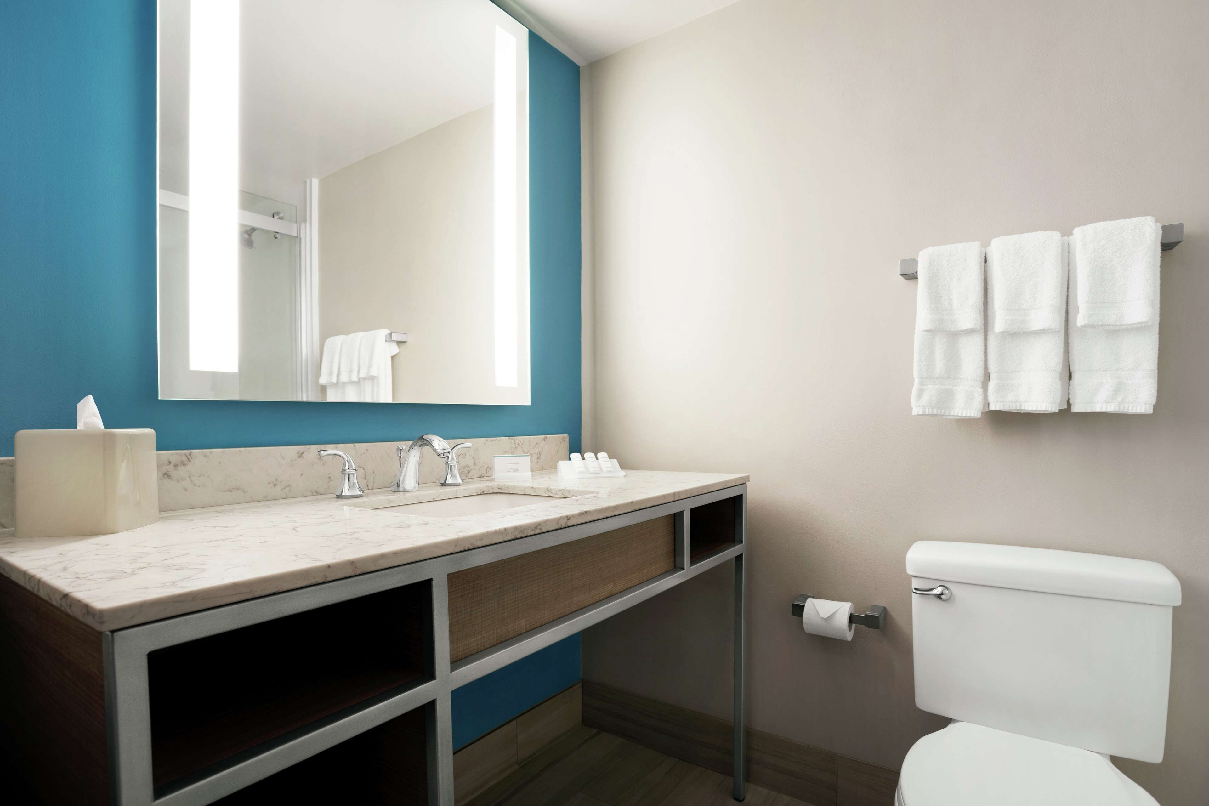 A bathroom with a marble sink, a large mirror, a toilet, and a towel rack.