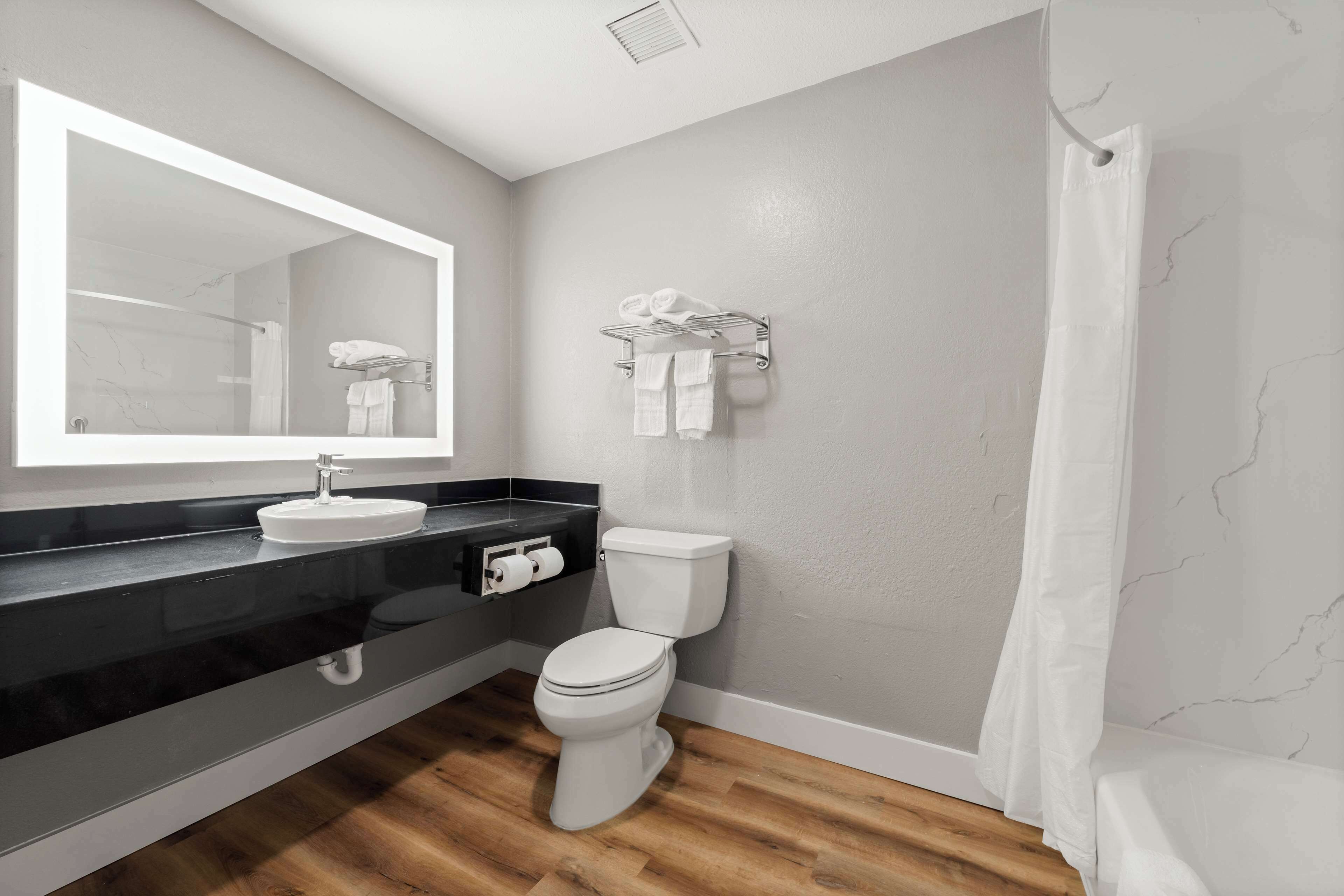 Une salle de bain moderne avec un plan de toilette noir, un lavabo blanc et des toilettes. On y trouve un porte-serviettes au mur et un rideau de douche.