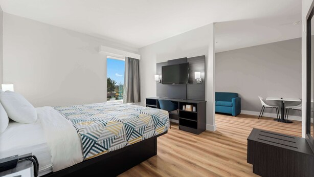 Una habitación de hotel moderna con una cama grande, un escritorio con televisor de pantalla plana, un sofá y una mesita.