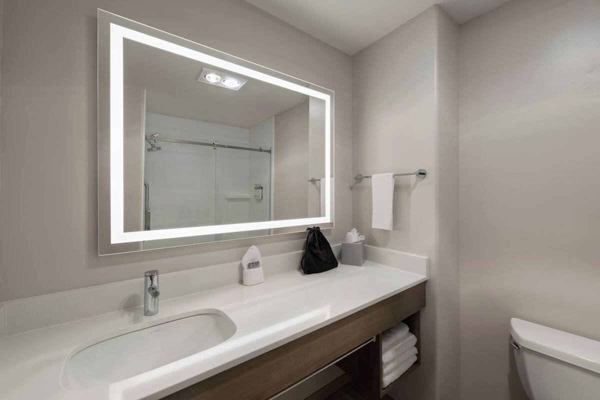 Ein modernes Badezimmer mit einem großen Spiegel, einem Waschbecken, einer Toilette und einem Handtuchhalter.