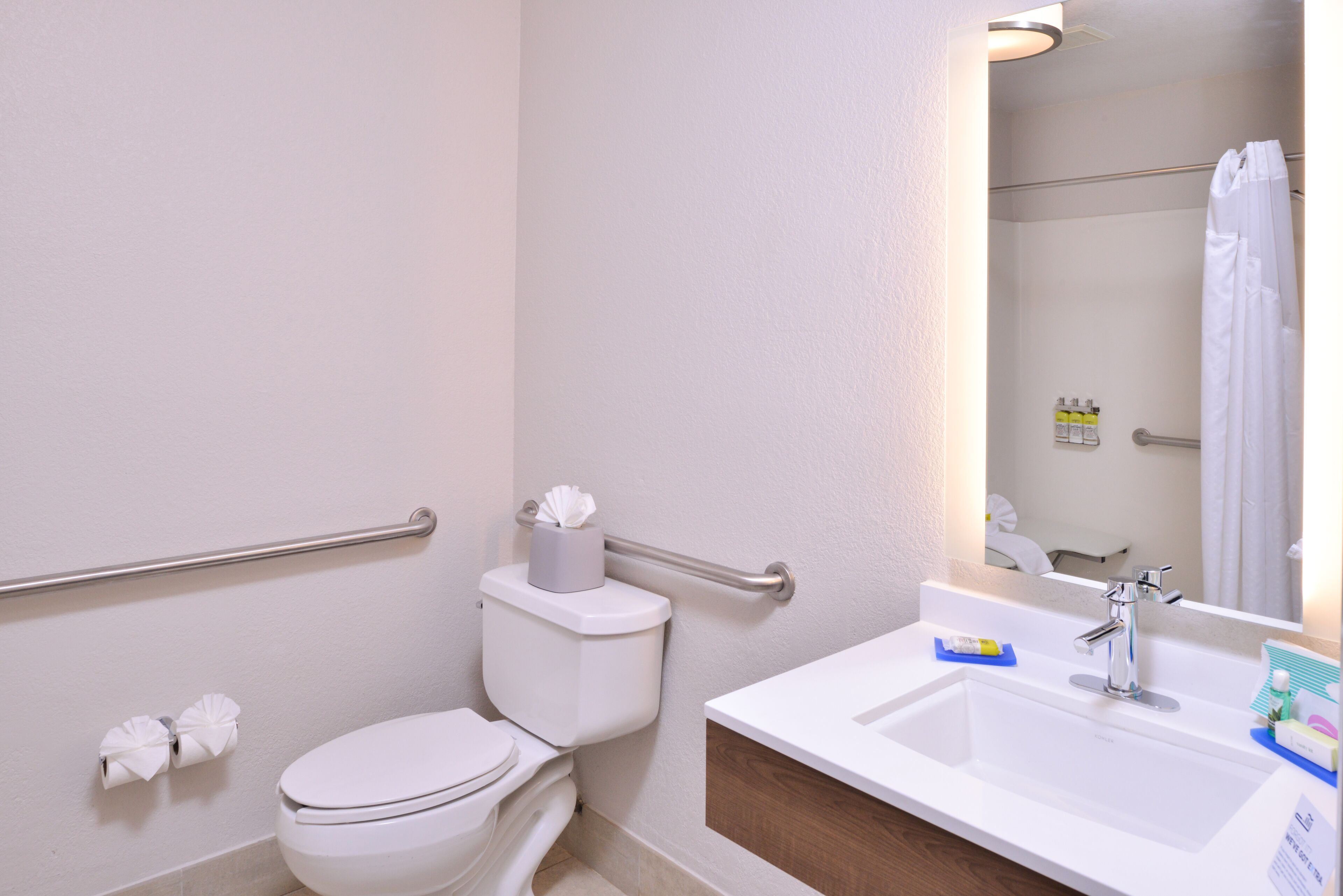 A bathroom with a white toilet, a sink with a mirror, and a handrail.