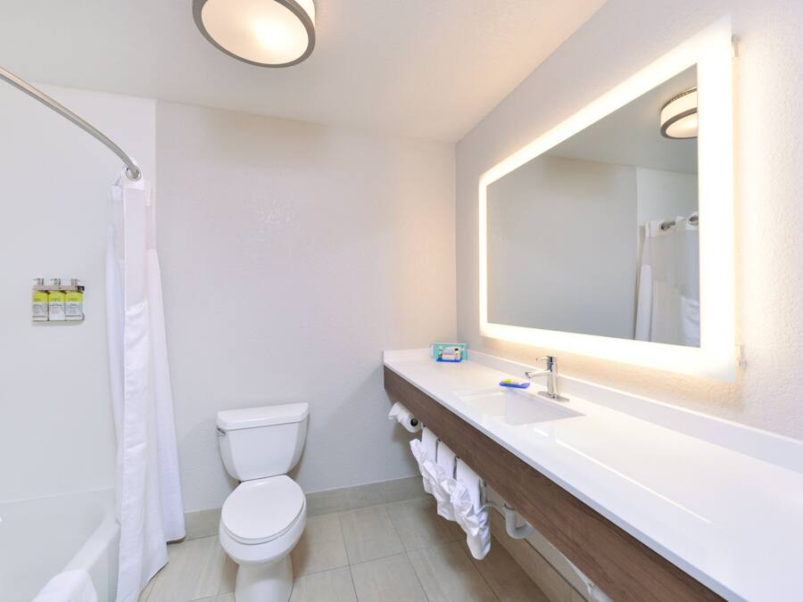 A modern bathroom with a white toilet, a bathtub, a shower, and a vanity with a mirror.