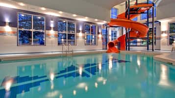 Indoor pool, open 8:00 AM to 10:00 PM, pool loungers