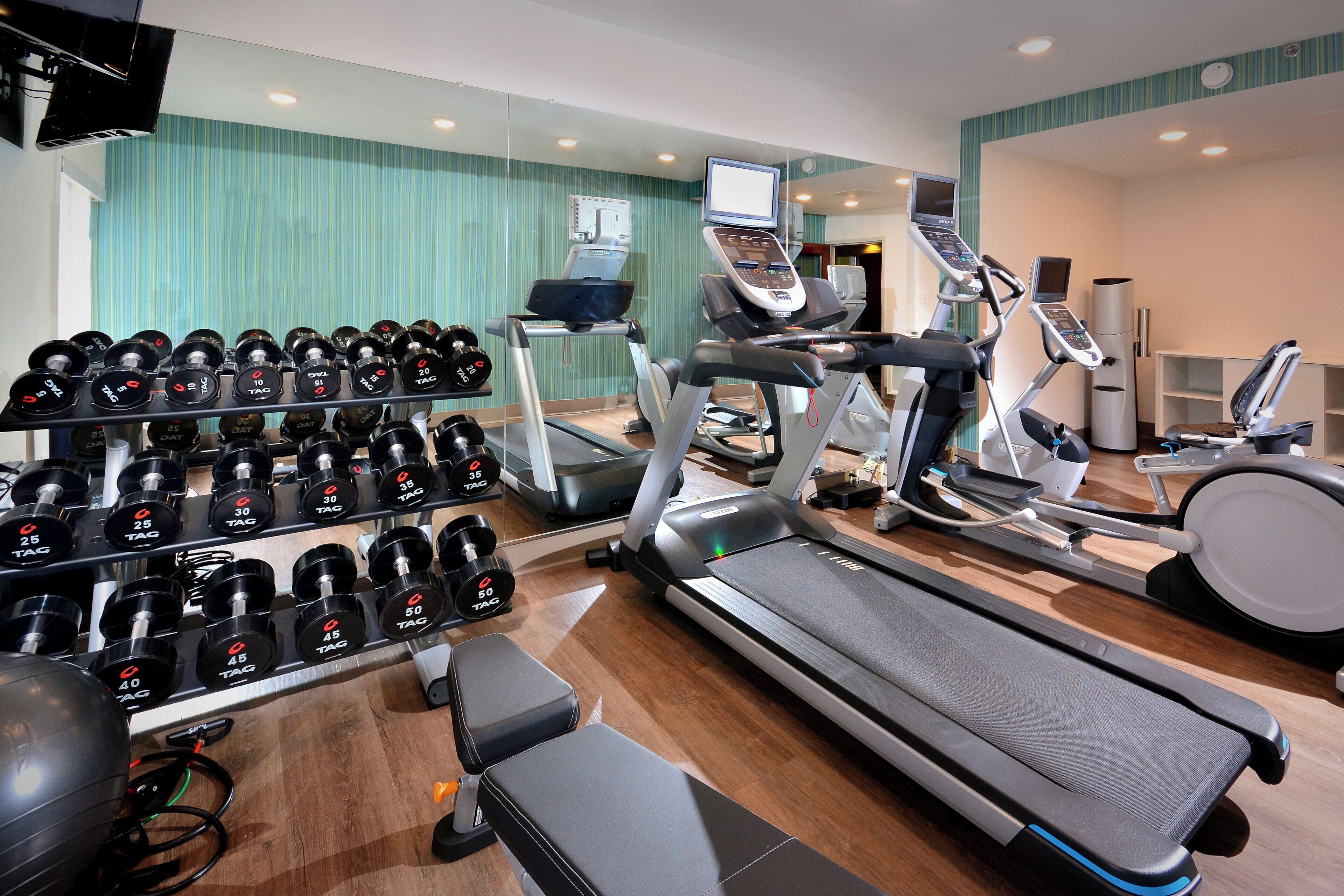 A gym with treadmills, elliptical machines, and a rack of dumbbells.