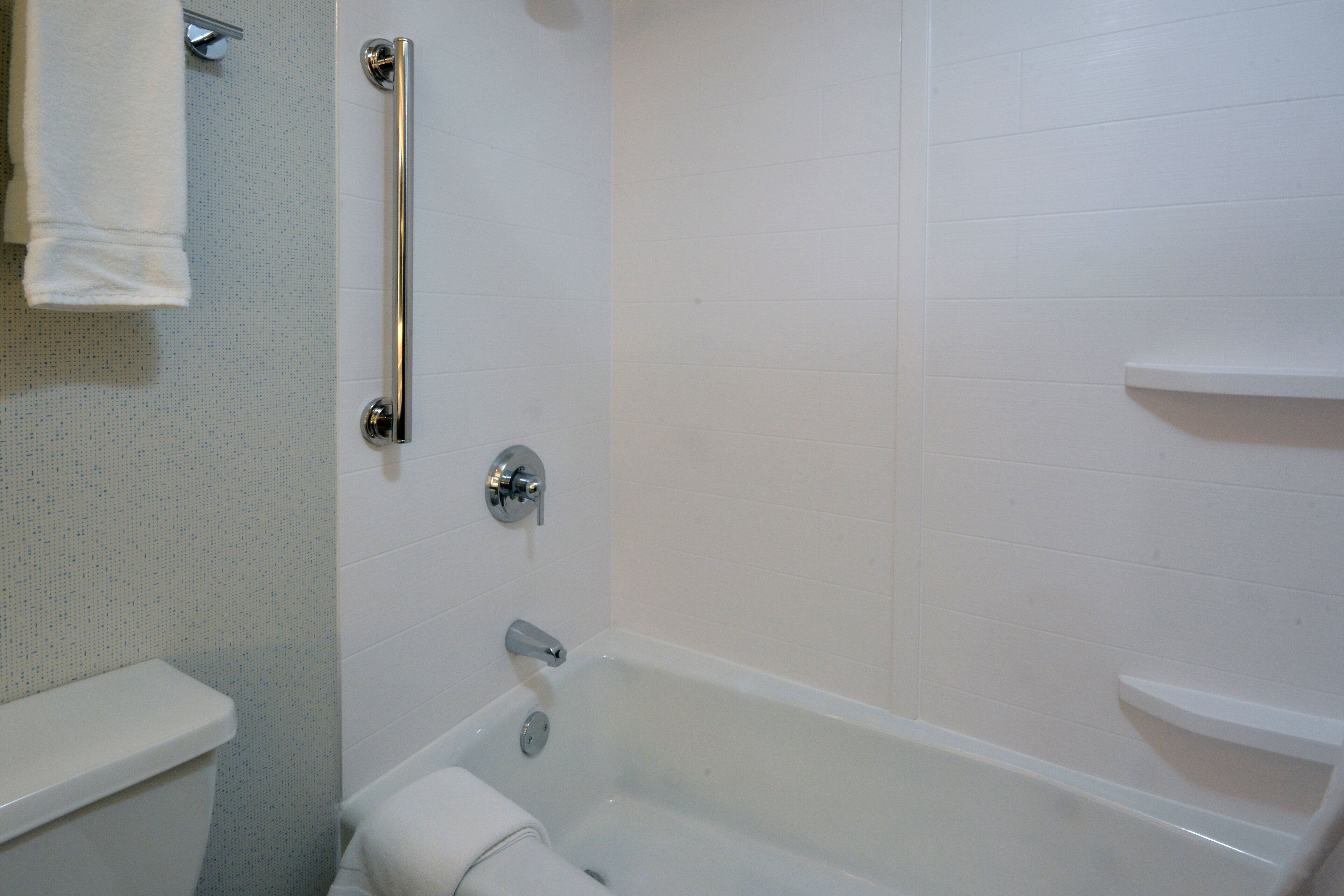 combined shower/bathtub, free toiletries, hair dryer, towels