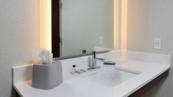 A bathroom with a white sink, a mirror, and a tissue holder.
