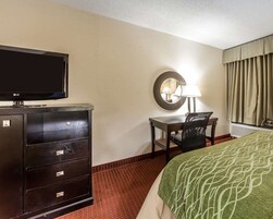 Quarto de hotel com cama, escrivaninha com cadeira, televisão em um móvel, espelho e luminária.