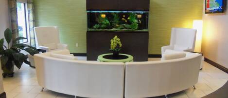 A reception area with a curved white sofa, a potted plant, and a fish tank.