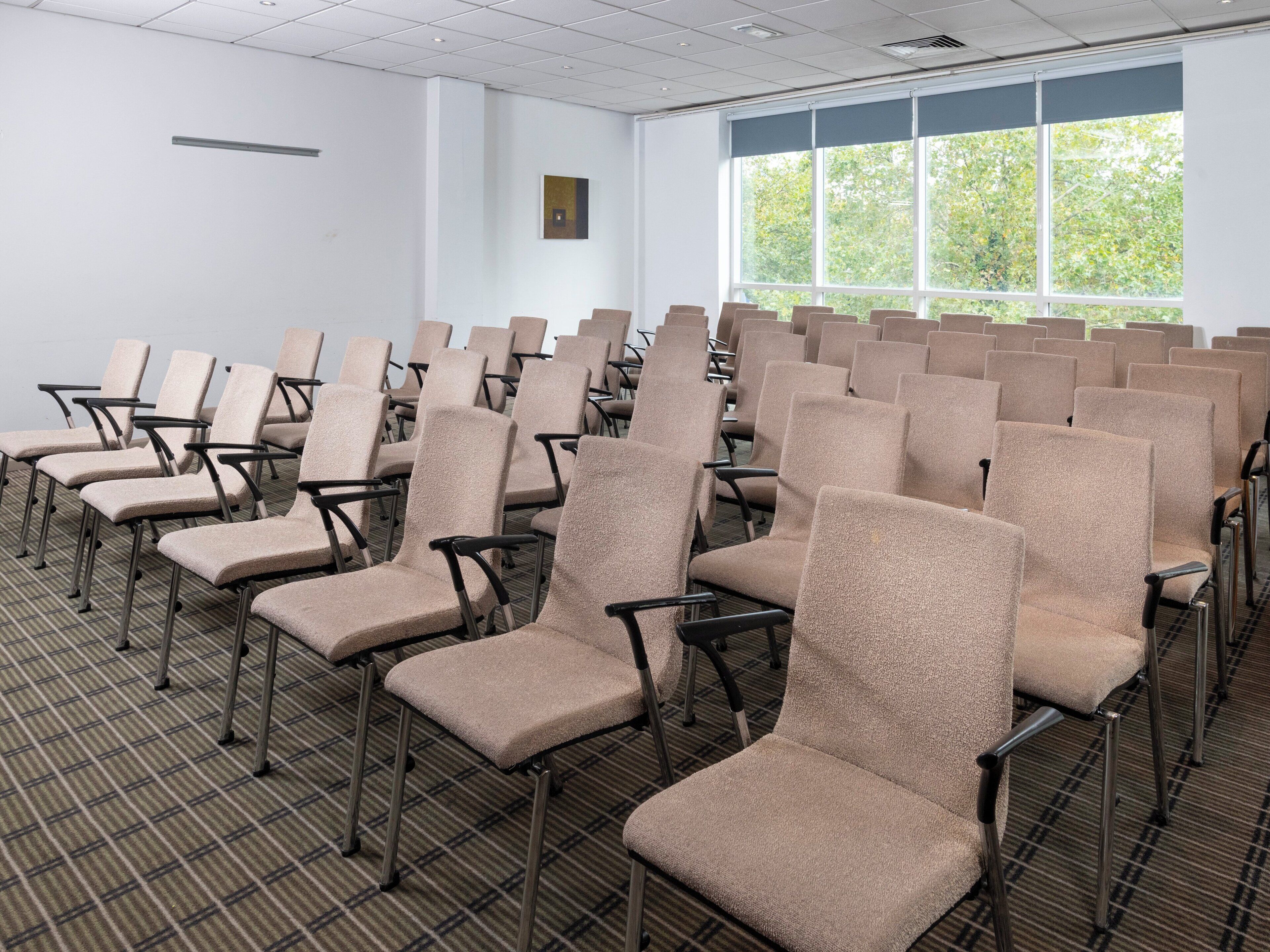 Un salón de conferencias con filas de sillas color beige, piso alfombrado, un ventanal con vistas a árboles y una pared blanca con un cuadro enmarcado.