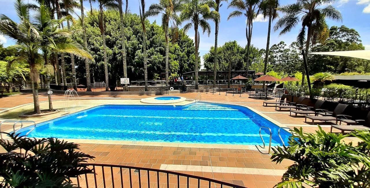 A rectangular swimming pool with a circular hot tub, surrounded by palm trees and outdoor seating.