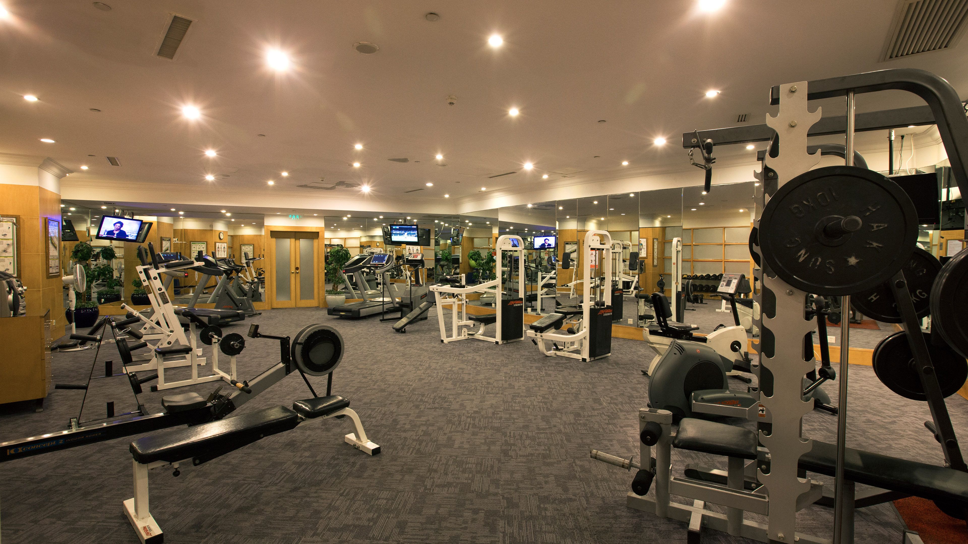 Ein Fitnessstudio mit verschiedenen Trainingsgeräten, darunter Laufbänder, Kraftgeräte und Kurzhanteln.