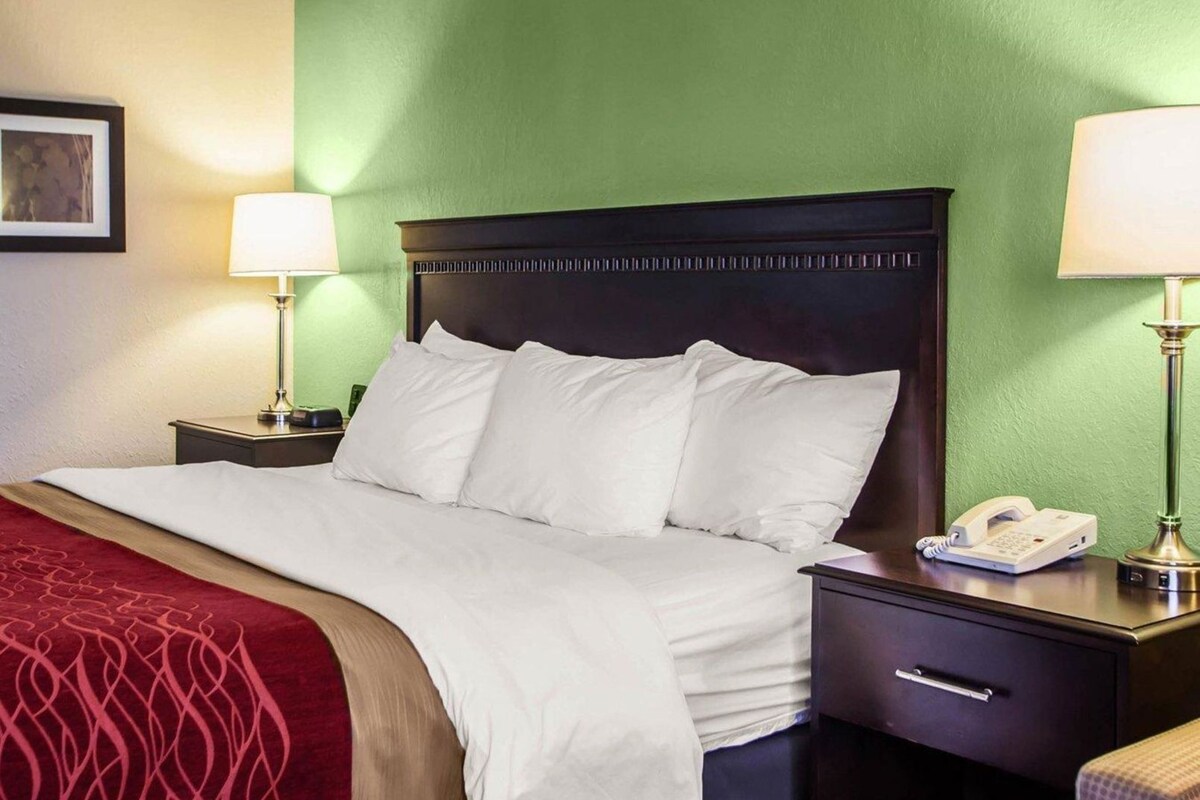 A hotel room with a bed, two bedside tables, a nightstand, a red patterned throw, and a green wall.