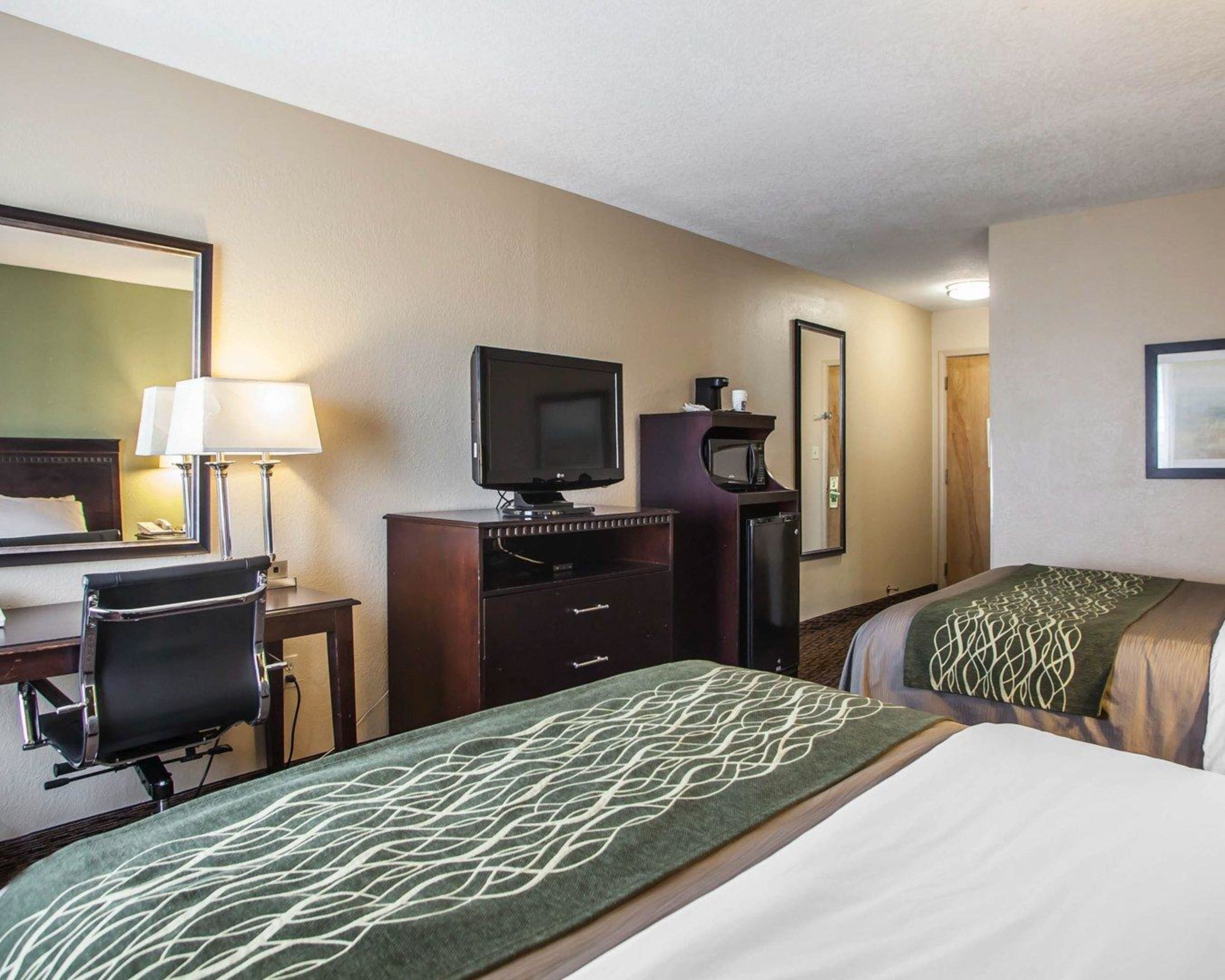 A hotel room with two beds, a desk with a lamp, a television, a microwave, and a mirror.