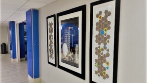 Un couloir avec des œuvres d’art encadrées accrochées aux murs, une porte bleue et une poubelle.