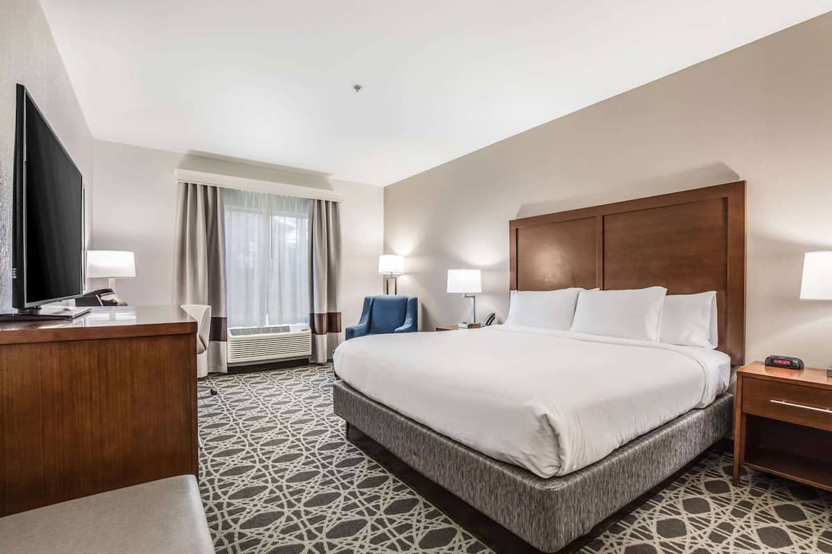 A hotel room with a large bed, a desk with a TV, a chair, a bedside table with a lamp, and a window with curtains.