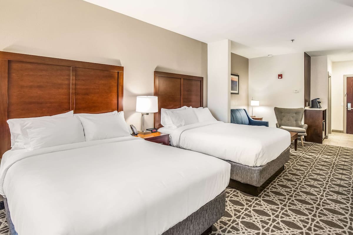 A hotel room with two beds, a desk, a chair, and a patterned rug.