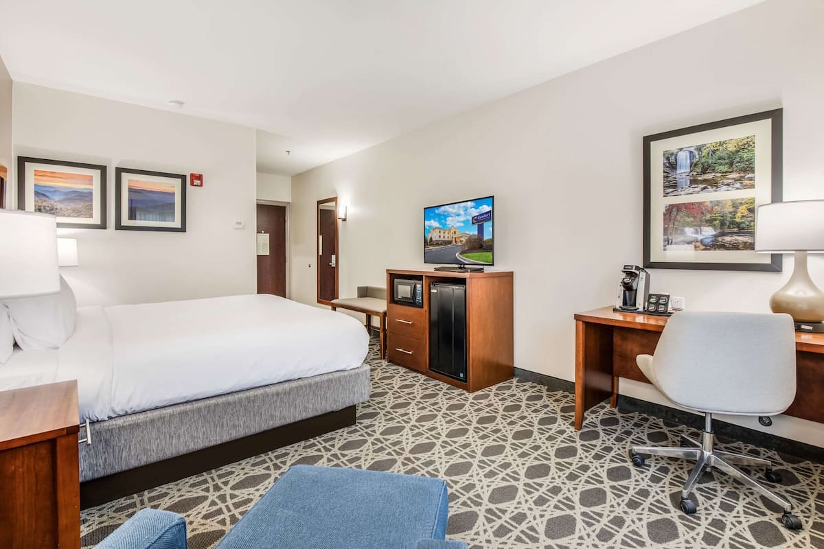 A hotel room with a bed, desk, chair, TV, and a patterned floor.