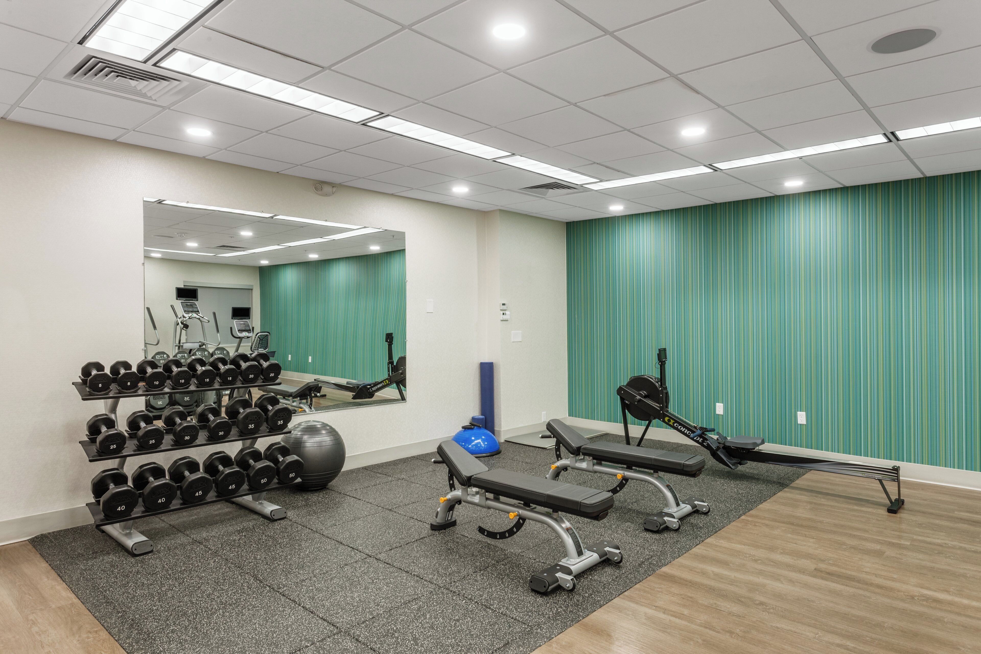 Un gimnasio con equipo de ejercicio diverso, incluyendo mancuernas, una máquina de remo y un banco.