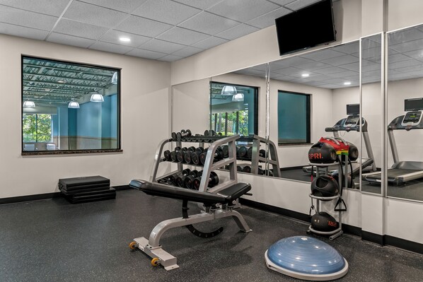 A gym with exercise equipment, a bench, a weight rack, and a treadmill.