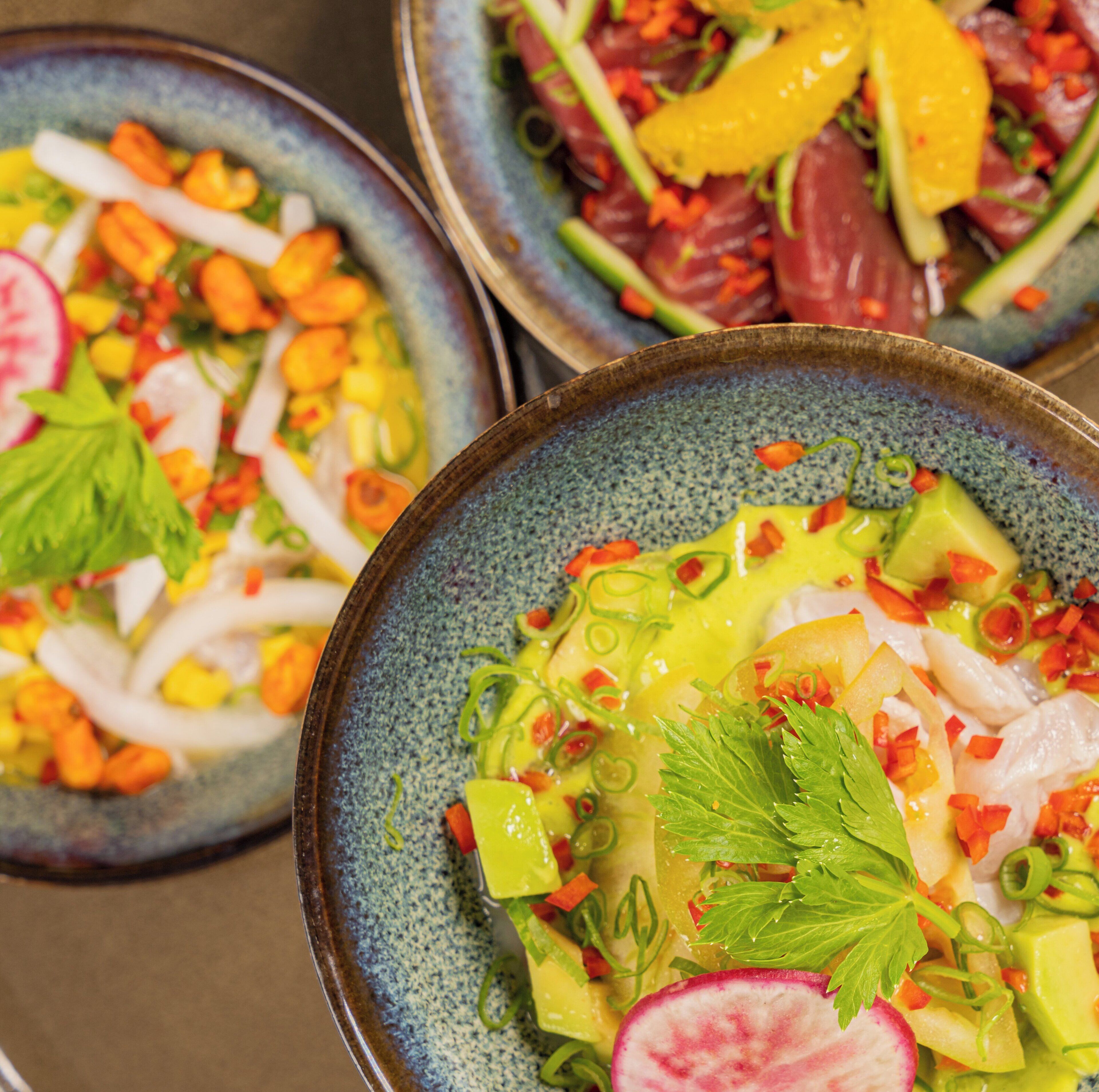Three bowls of ceviche with various ingredients like avocado, radish, and green onions.
