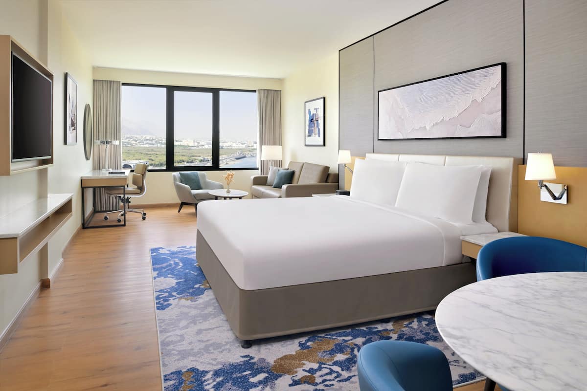 A hotel room with a large bed, a desk with a chair, a TV, and a view of the city.