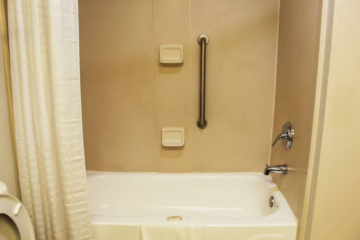 Combined shower/bathtub, free toiletries, hair dryer, towels