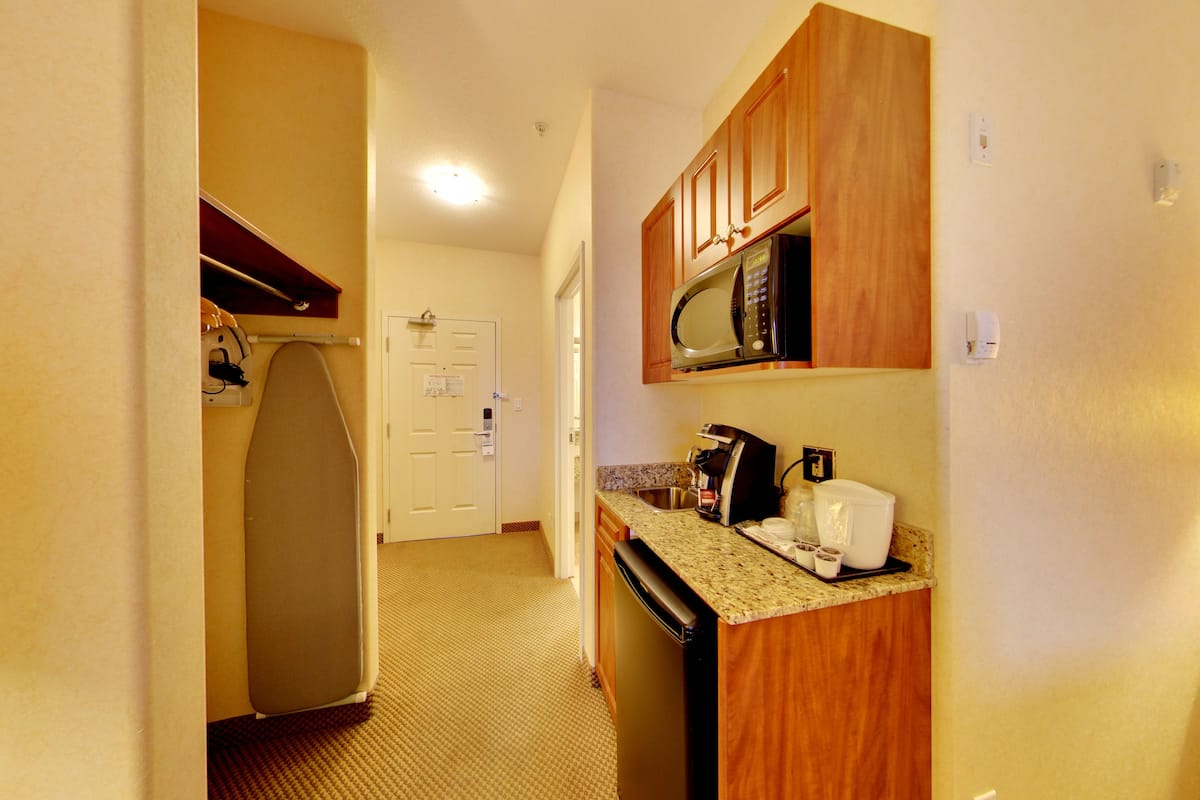 1 bedroom, desk, blackout curtains, iron/ironing board