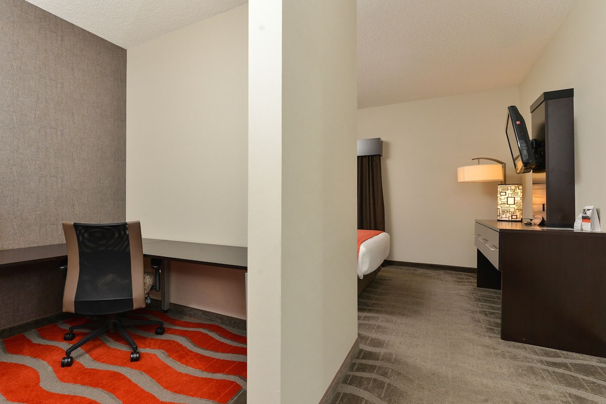 1 bedroom, desk, blackout drapes, iron/ironing board