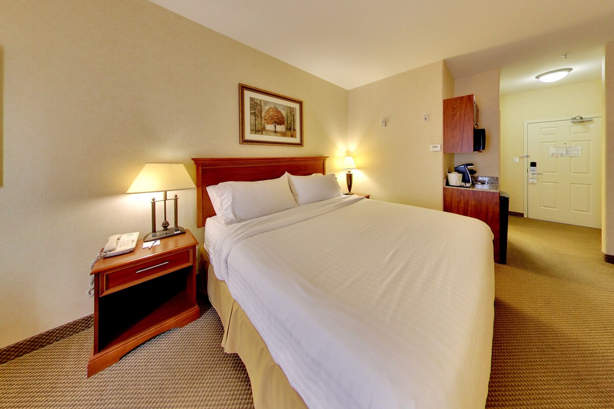 A hotel room with a bed, bedside lamps, a telephone, a painting, and a door leading to a bathroom.