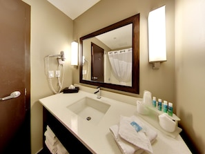 Combined shower/tub, hair dryer, towels, soap