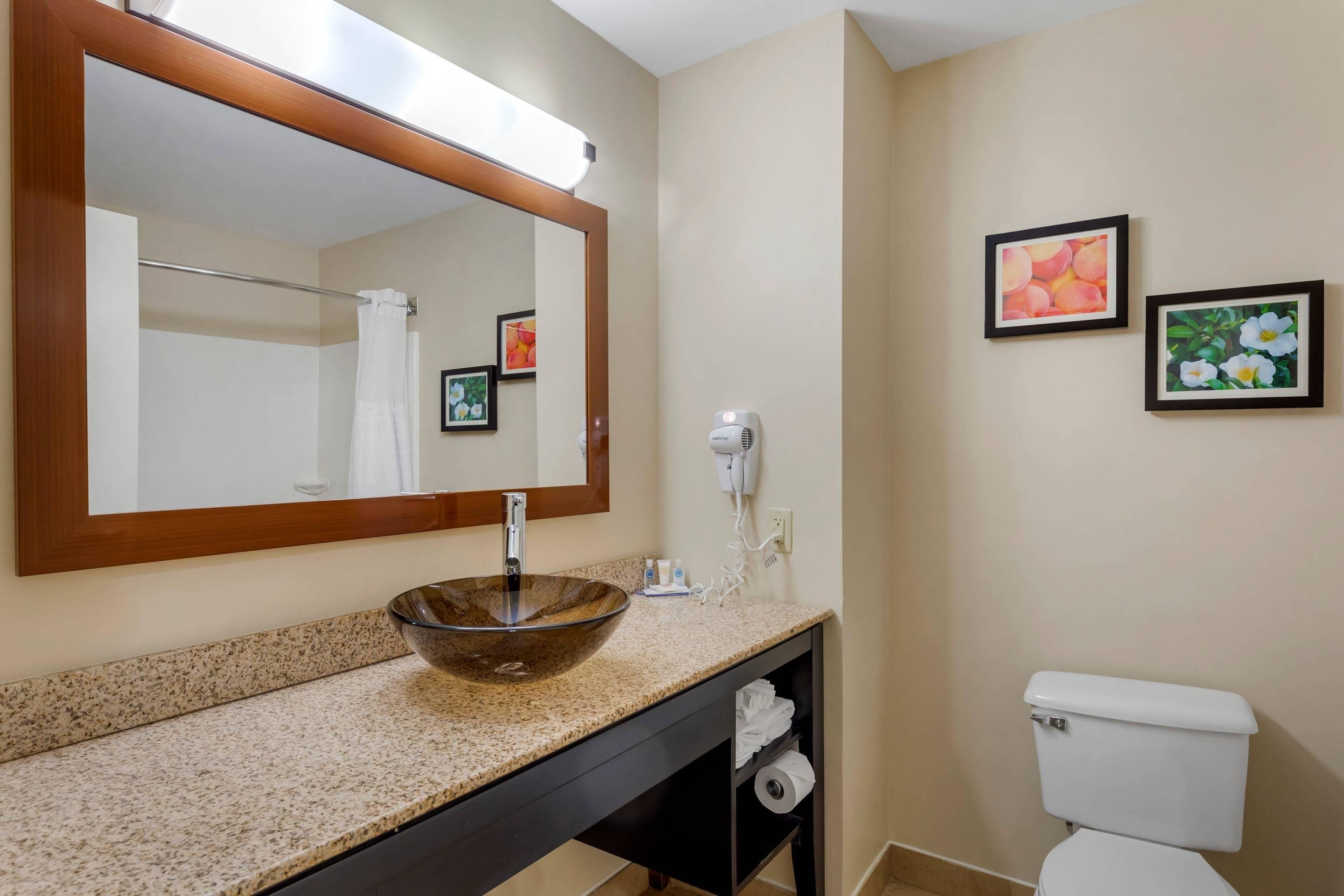 A bathroom with a large mirror, a vessel sink, a towel rack, a toilet, and two framed pictures on the wall.