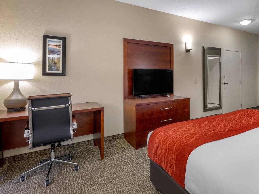 A hotel room with a desk, chair, television, wardrobe, and a bed with a red blanket.