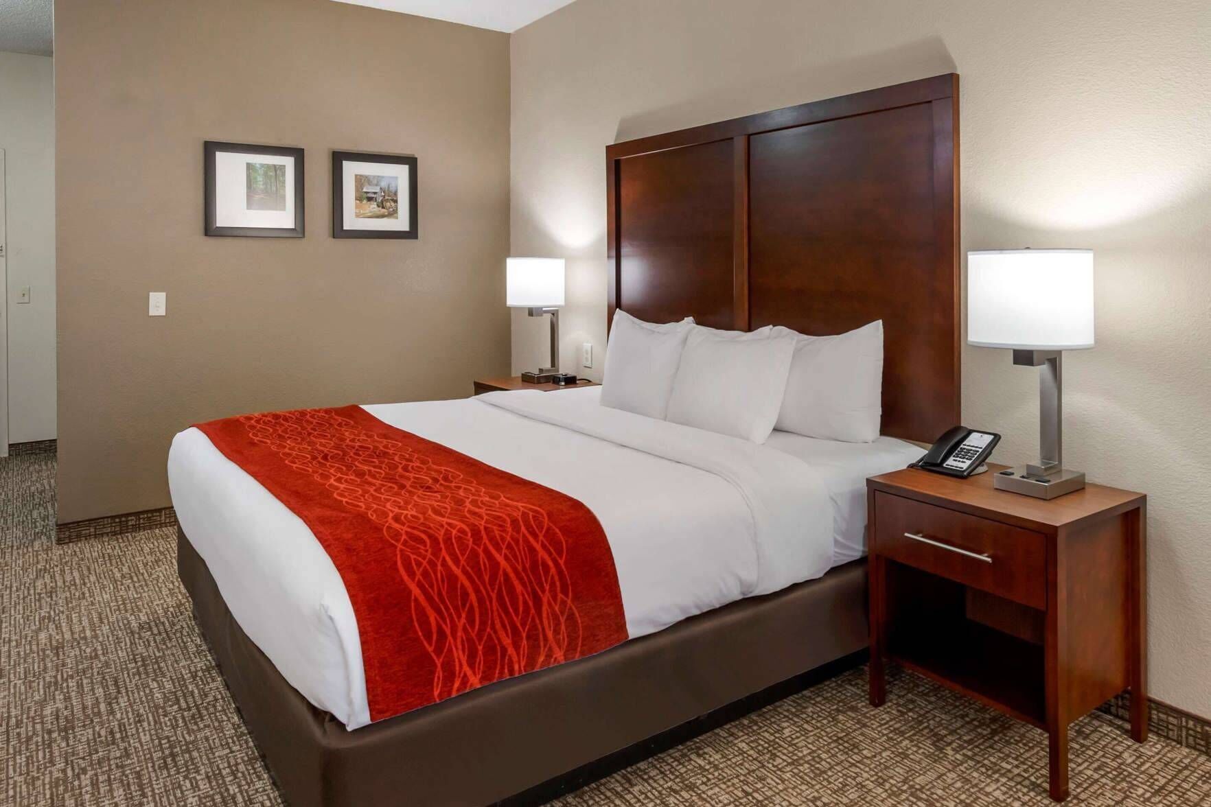Down comforters, desk, laptop workspace, blackout drapes