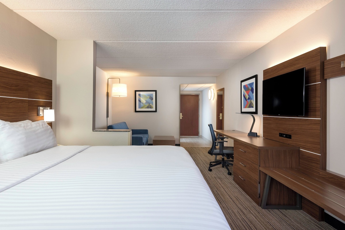 Une chambre d’hôtel avec un grand lit, un bureau avec une chaise, une télévision et un miroir.