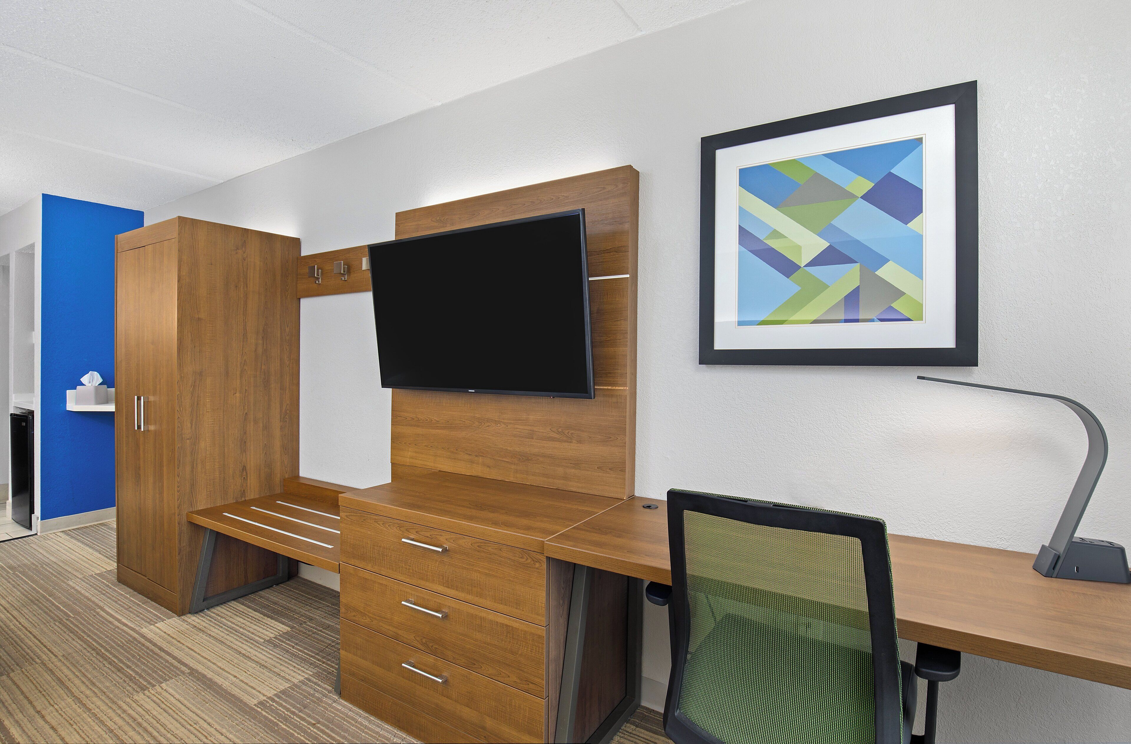 1 bedroom, desk, blackout curtains, iron/ironing board