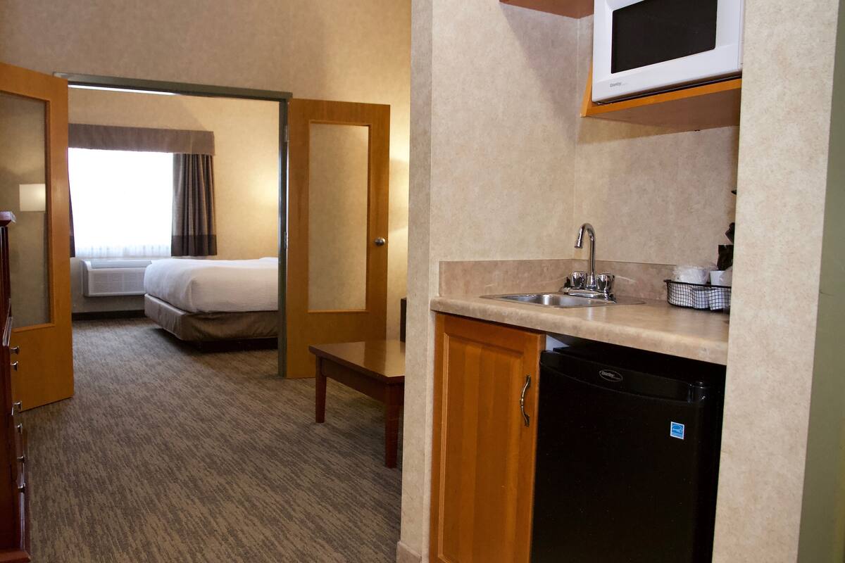 A hotel room with a bed, a desk, a microwave, a sink, and a dishwasher.