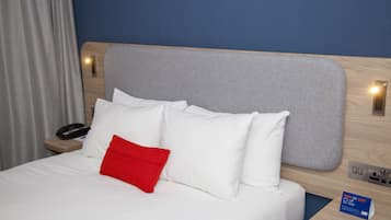 Desk, laptop workspace, blackout curtains, iron/ironing board