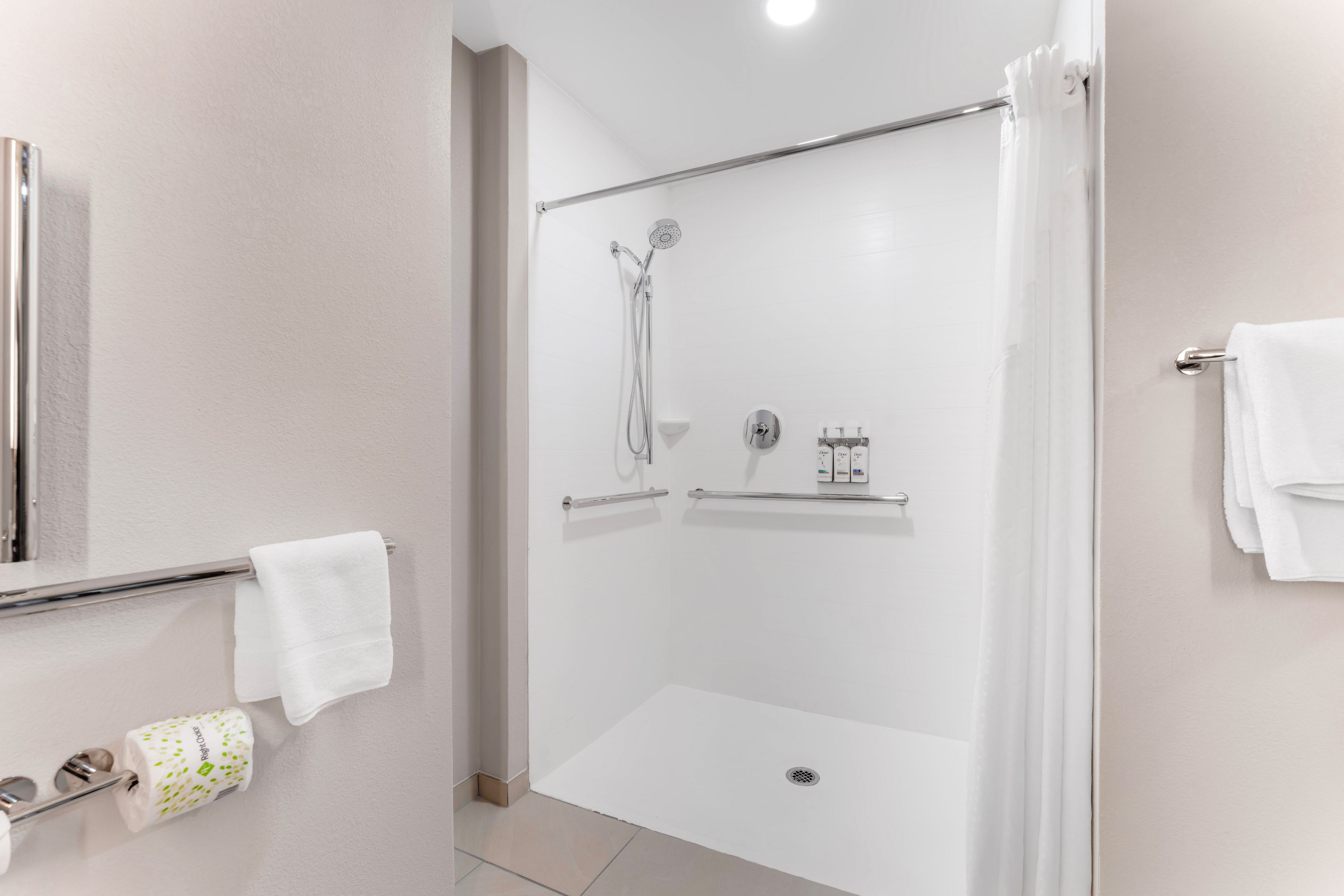 A modern bathroom with a glass-enclosed shower, a toilet paper holder, and a towel rack.