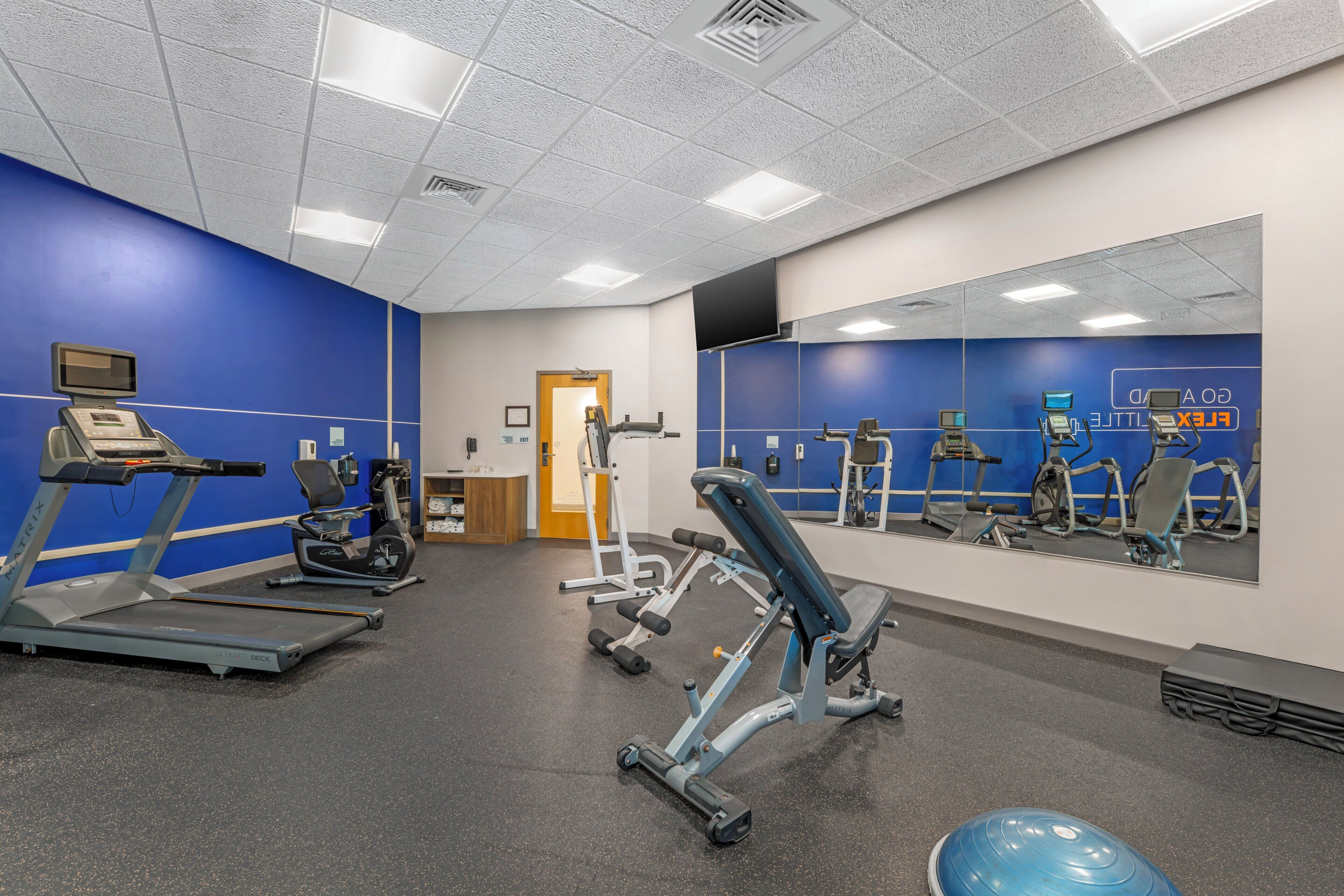 A gym with treadmills, weight machines, and a mirrored wall.