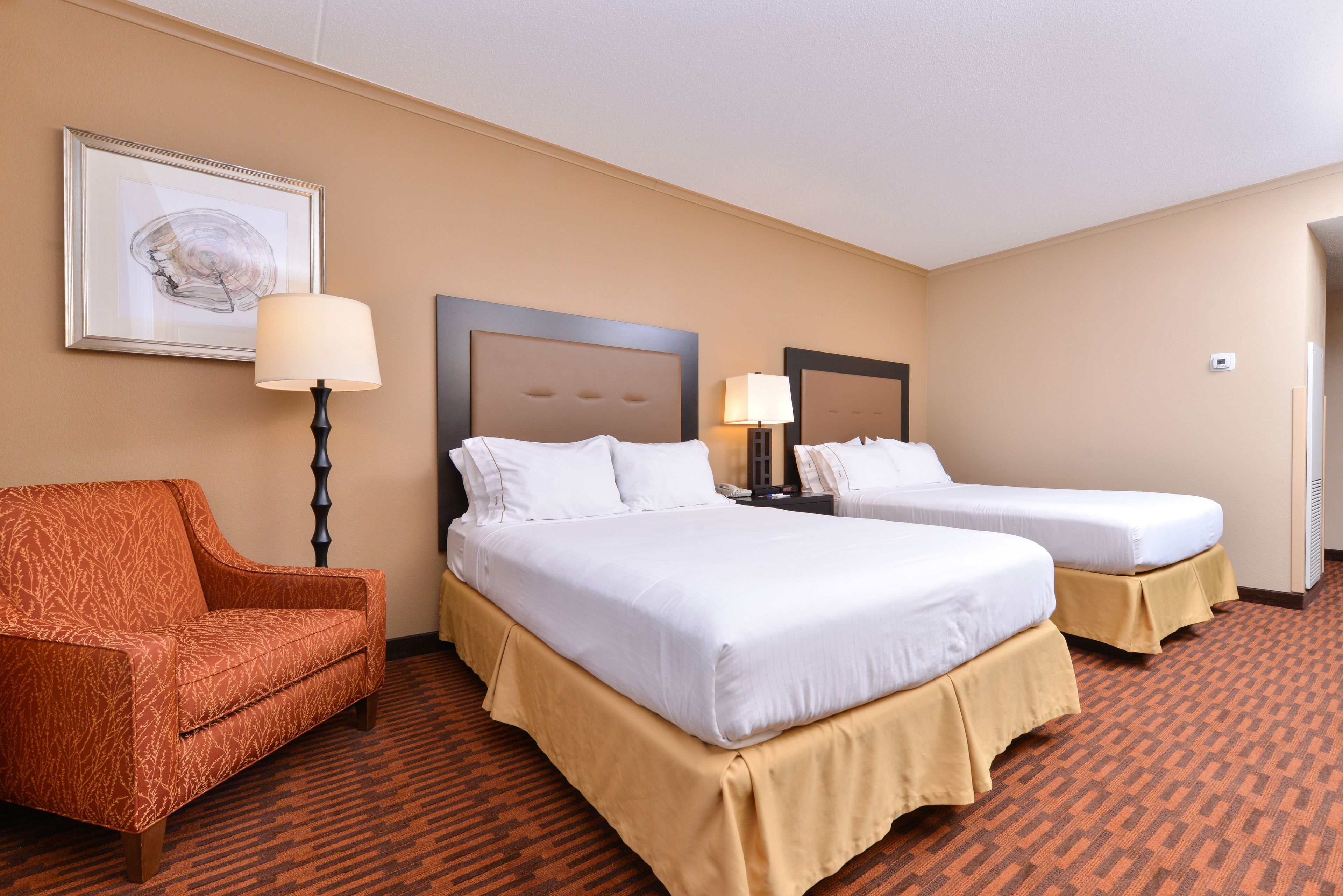 Standard Room, 2 Queen Beds (Walk In Shower) | Desk, laptop workspace, blackout drapes, iron/ironing board
