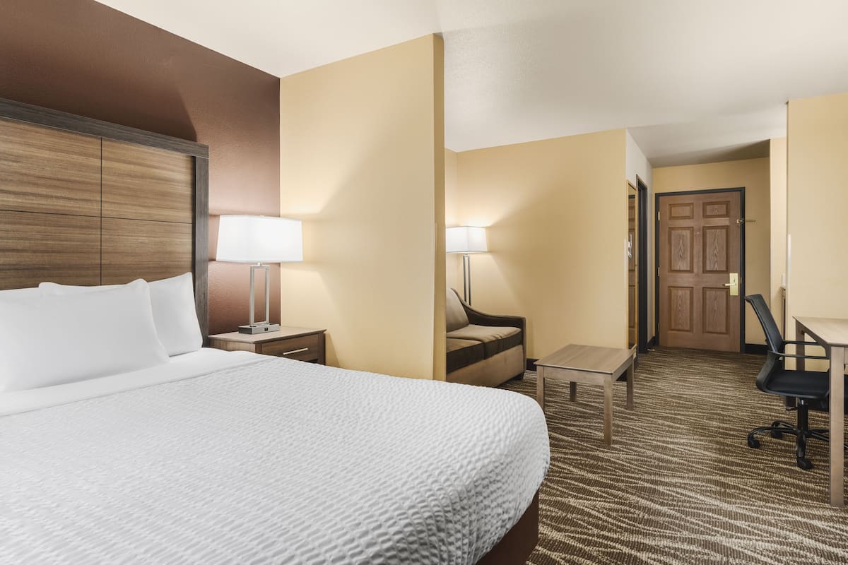 A hotel room with a large bed, a desk, a chair, and a sofa.