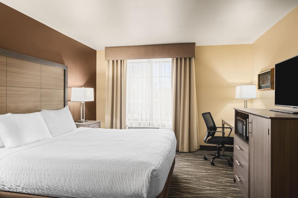 A hotel room with a large bed, a desk with a computer, a chair, a TV, and a window with curtains.