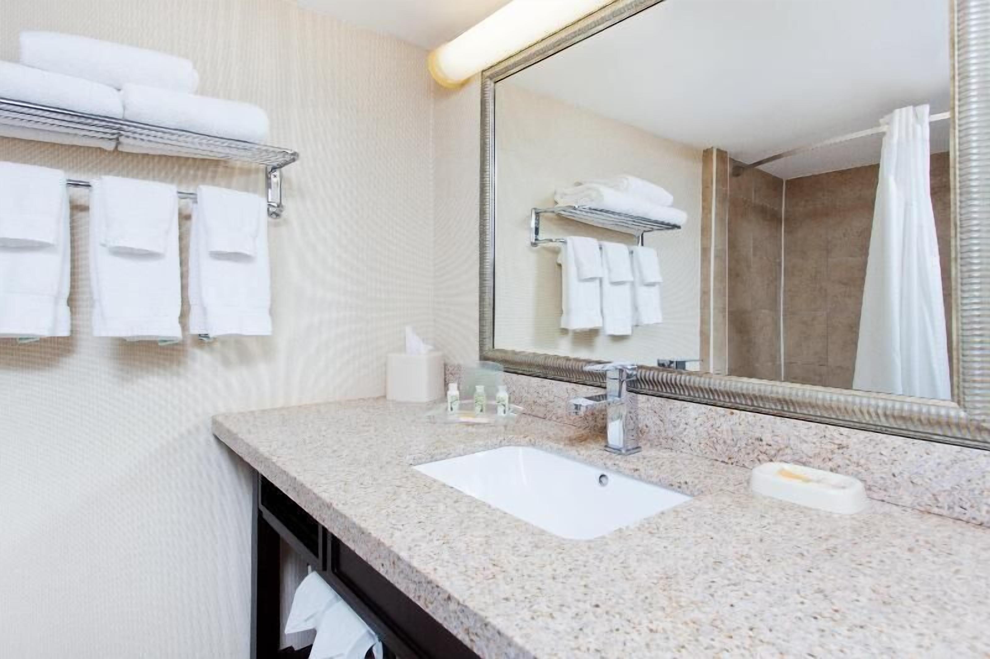 Un baño con encimera de granito, un lavamanos blanco, un espejo grande y toalleros con toallas dobladas.