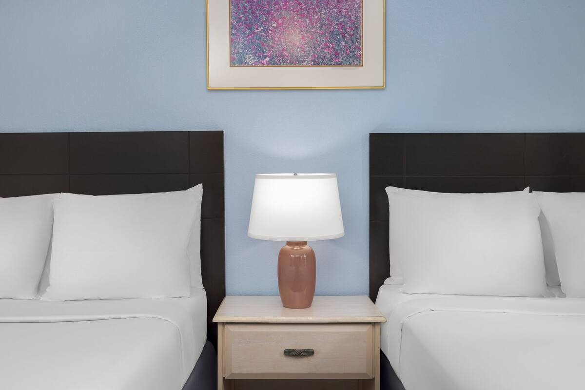 Une chambre d’hôtel avec deux lits, une table de chevet avec une lampe, un tableau encadré au mur et un mur de couleur bleu clair.