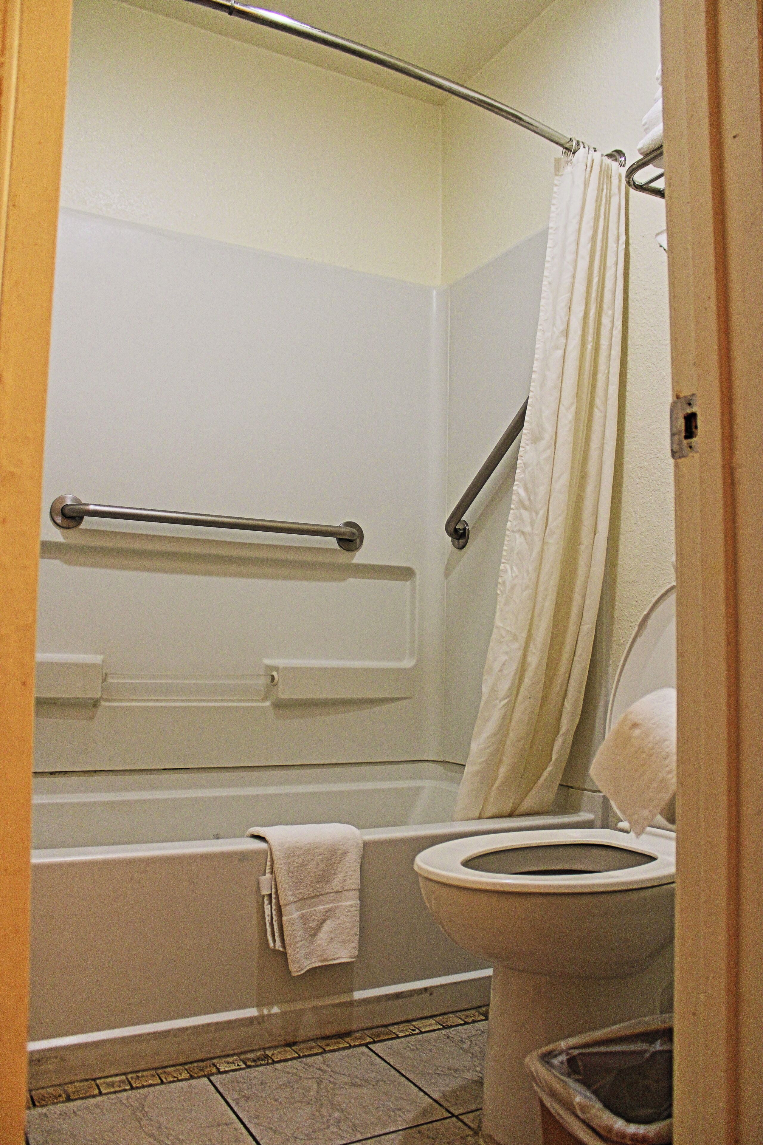 combined shower/bathtub, designer toiletries, hair dryer, towels