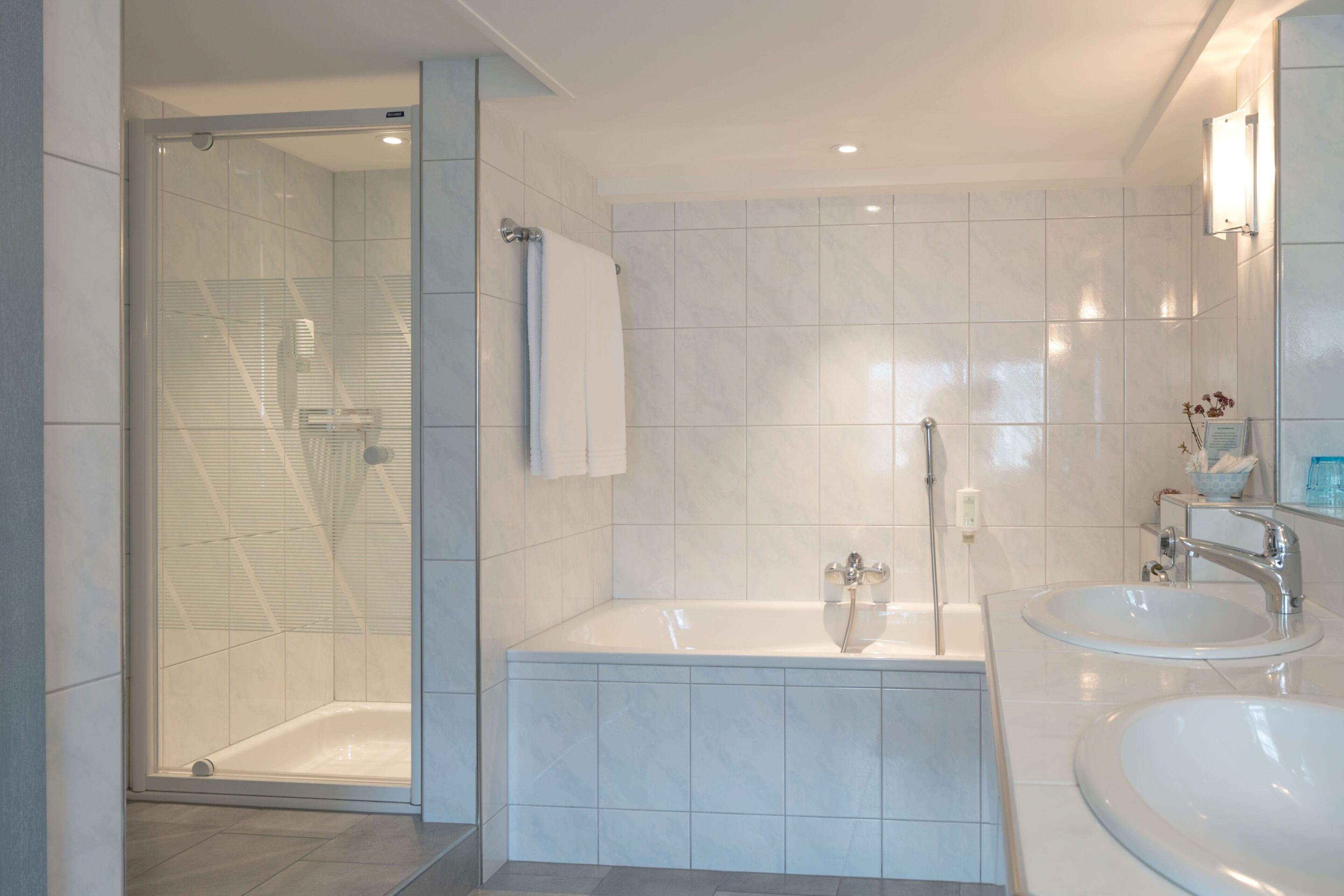 A modern bathroom with a glass-enclosed shower, a freestanding bathtub, and a double sink.