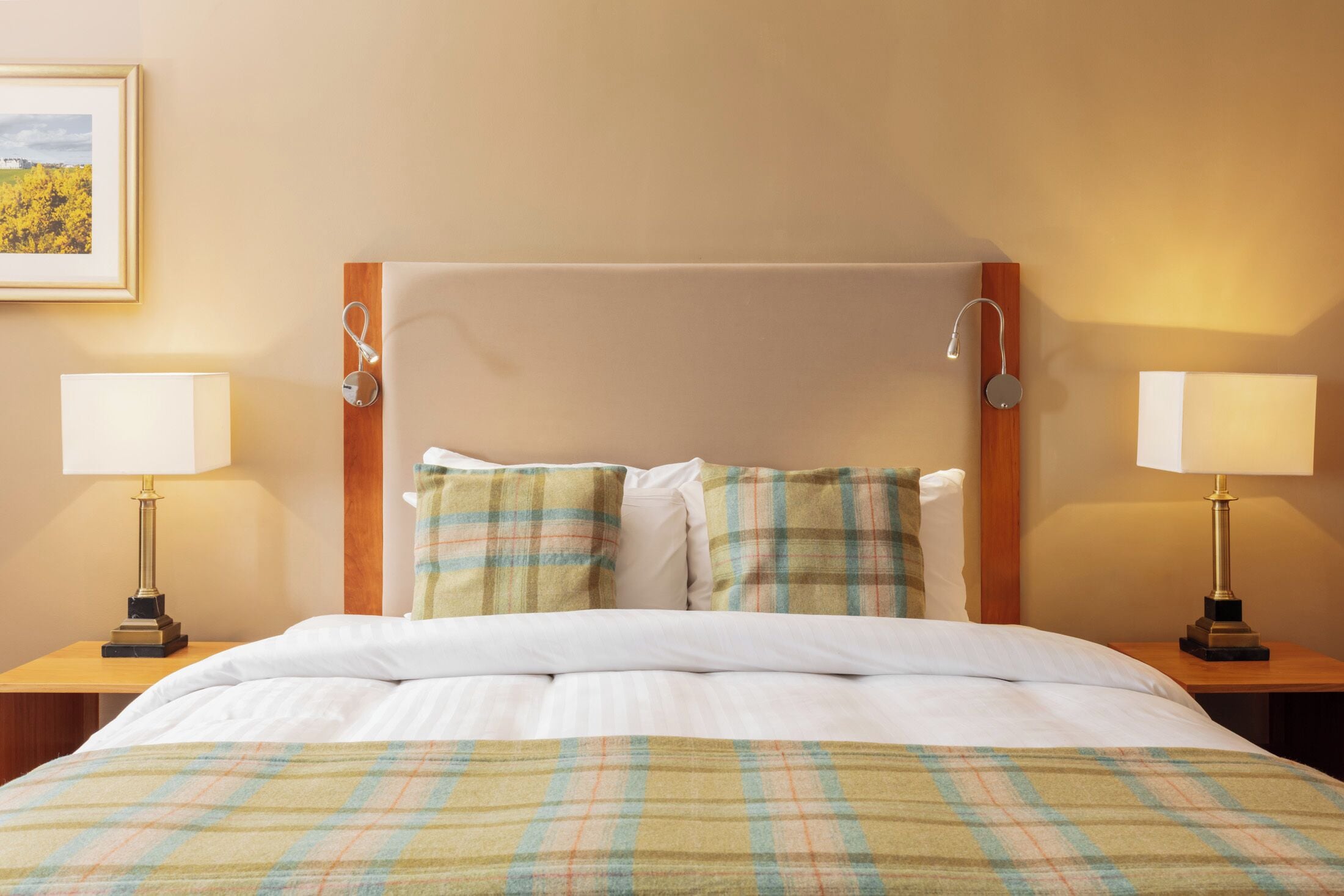 Una habitación de hotel con cama, dos mesitas de noche, dos lámparas, cabecero y un cuadro enmarcado en la pared.