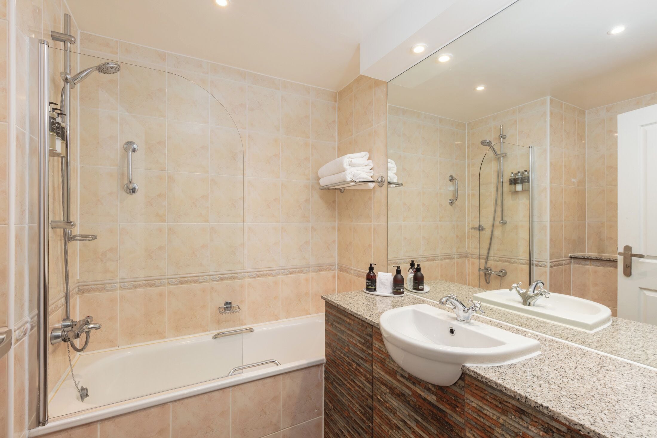 free toiletries, hair dryer, towels